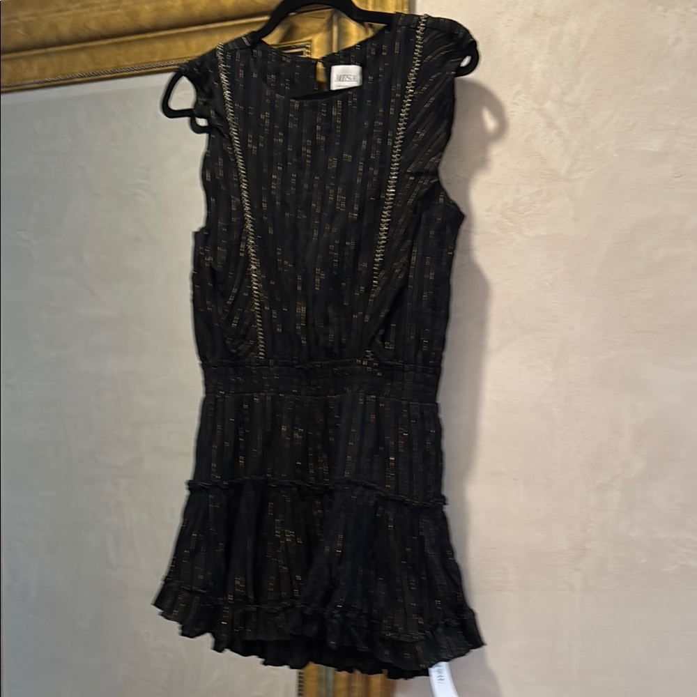 Black and Gold Sleeveless ruffled cotton mini dress